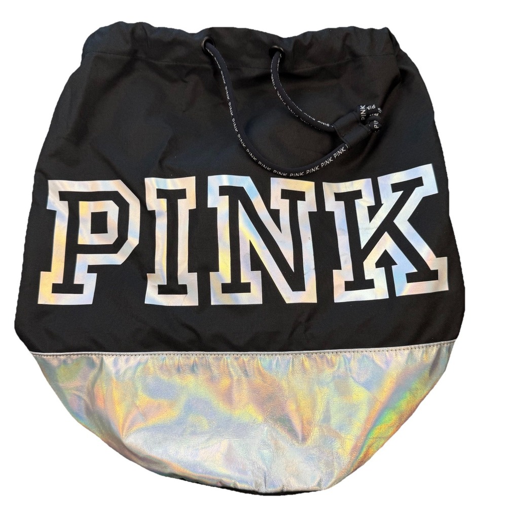 Victoria's Secret PINK ~ Excellent Metallic Drawstring Backpack Black/Silver EUC